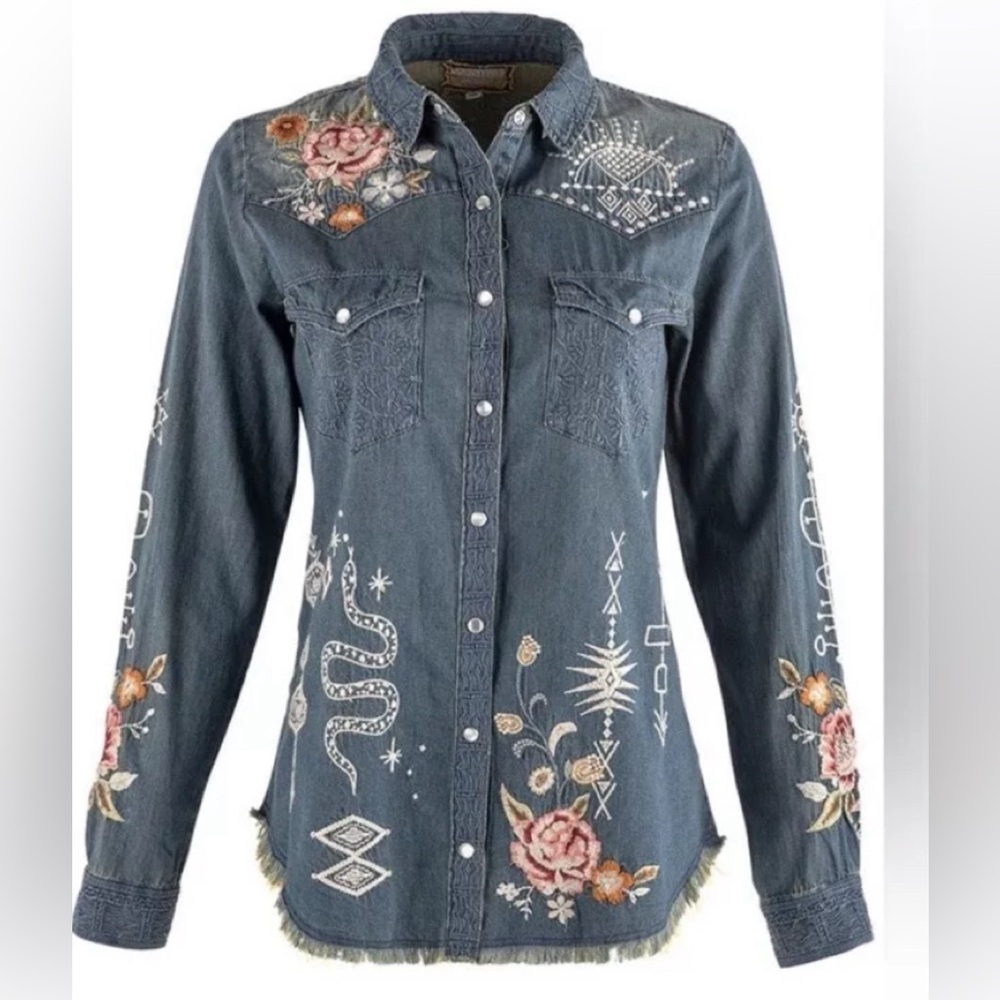 ISO => Johnny Was Umoya Frayed Denim Shirt